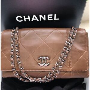 CHANEL Carmel Brown Flap Bag With Silver Hardware With Chain And Leather Handle